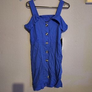 🆕️ EMERALD SUNDAE Royal Blue Linen Cold Shoulder Dress